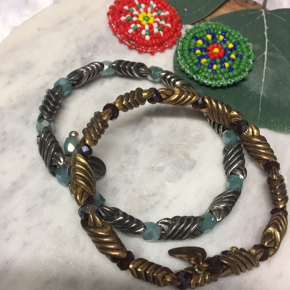 Woven metal Artesian bracelets BOHO with glass stones beautiful metal set of 2 - Picture 4 of 15